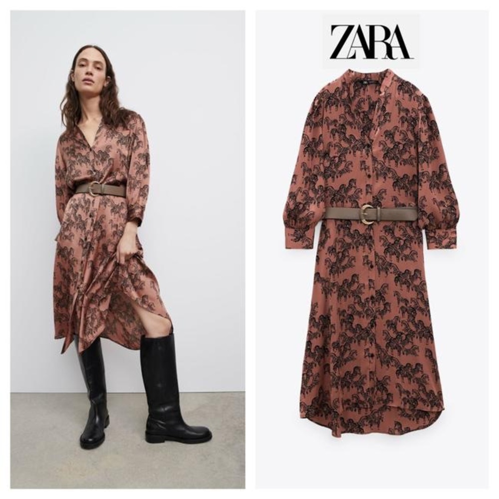 NWT ZARA ZEBRA BELTED SATIN DRESS MED